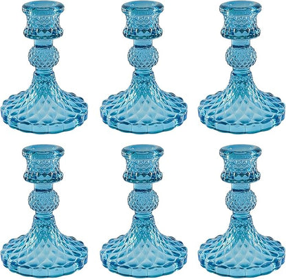 Glass Candlestick Holder,Striped Taper Candle Holders,Set of 6 Candle Stand for Table Centerpieces, Home Decor,Weddings,Festival and Parties (Bule Dimond)