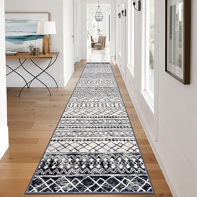 KUTA Boho Runners for Hallways 2.6x12 ft Moroccan Washable Runner Rug Non-Slip Vintage Black Navy Blue Kitchen Rugs Ultra Soft Geometric Floor Carpet for Bedroom Laundry Living Room