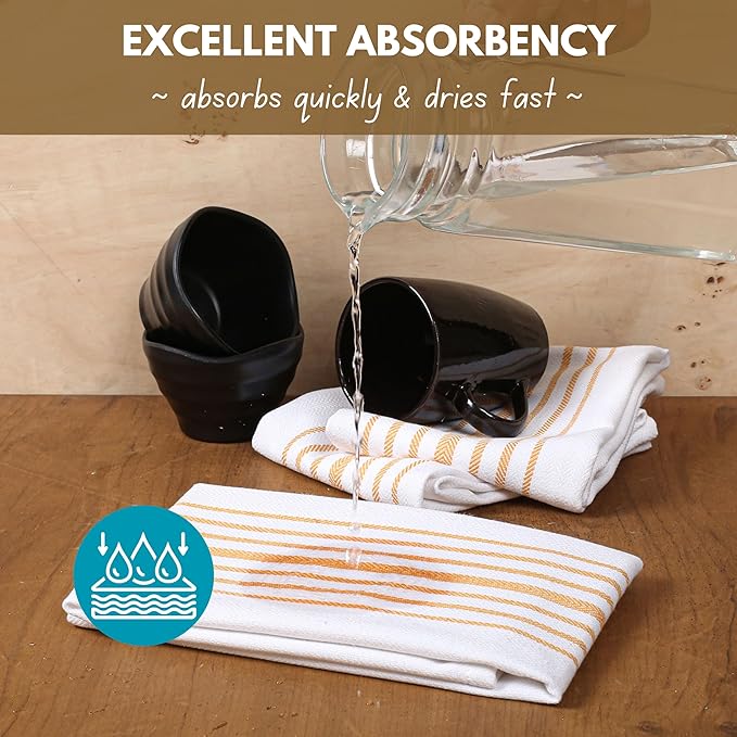 Native Fab Kitchen Dish Towels 16x26 inches Set of 12 Herringbone Weave - Scandia Striped 100% Cotton Dish Cloths for Washing Dishes, Absorbent Hand Towels with Hanger - Yellow White