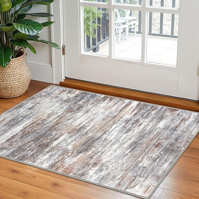 KOZYFLY Modern Abstract Small Area Rugs 2x3, Washable Kitchen Rug Non-Slip Soft Small Bathroom Rug, Multi Grey Striped Entryway Rugs Print Faux Wool Doormat for Bedside Entrance Bedroom Sink