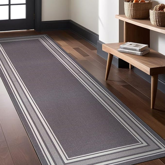Modern Bordered Non Slip Indoor Runner Rugs for Living Room 2x5 Area Rugs for Kitchen, Rug for Bedroom, and Hallway, Stain Resistant Easy Cleaning Non Shedding Gray 2 x 5