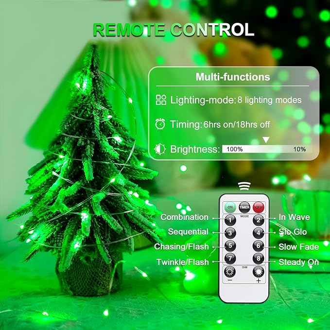 JMEXSUSS 2 Pack Green Fairy Lights Battery Operated, Total 200 LED 66ft Twinkle String Lights with Remote, 8 Modes Halloween Lights for Tree Wreath Fireplace Indoor Outdoor Xmas Halloween Decor