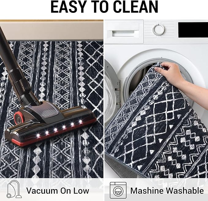 KUTA Moroccan Washable Hallway Runner Rug, 2x6 Non-Slip Vintage Black Boho Rugs Kitchen Runners Ultra Soft Distressed Geometric Floor Carpet for Bedroom Laundry Living Room