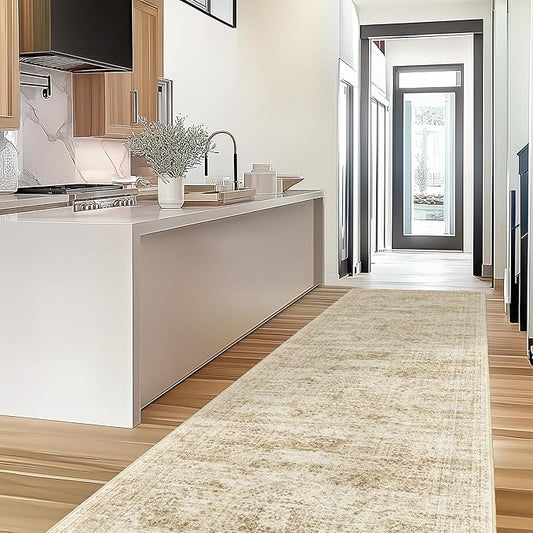 Kitchen Runner Rugs Non Skid Washable - 2.5 x 10 Runner Rug with Anti Slip Backing, Ultra-Thin Soft Rug Runner for Hallway, Bedroom, Living Room (2.5'x10', Beige/Ivory)