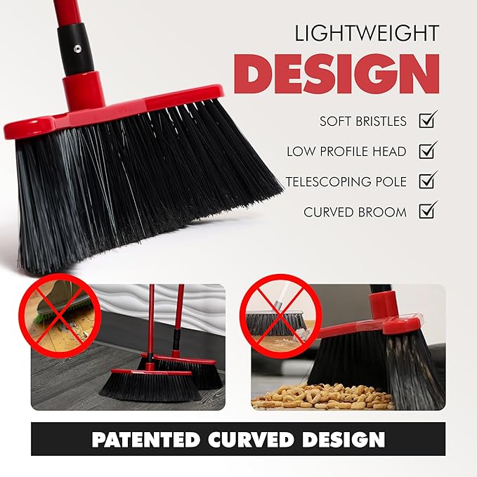 Da Vinci Curved Angle Broom & Dustpan Combo Pack (2) - Heavy Duty Broom for Indoor/Outdoor Sweeping, Steel Telescopic Handle, Durable PVC Bristles, Ideal for Pet Hair, Dust, Kitchen & Rough Surfaces