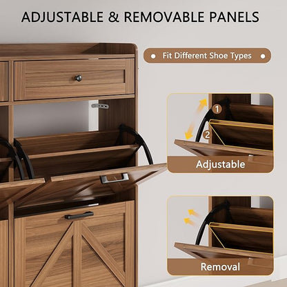 Shoe Cabinet with 4 Flip Drawers & 2 Top Drawers, 43" Tall Freestanding Narrow Wooden Shoe Storage Organizer for Entryway, Hidden Slim Shoe Rack for Front Door Entrance, Hallway, Living Room, Walnut
