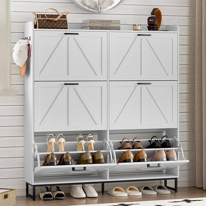 Shoe Cabinet with 6 Flip Drawers Narrow Shoe Storage Cabinet Organizer Wooden Freestanding Shoe Rack Hidden Slim Shoes Storage Cabinet for Entryway, Hallway, Living Room, Bedroom