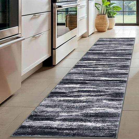 Modern Abstract Hallway Runner Rug, Black Grey Washable Entryway Runner Non-Slip Soft 2x8 Runner Rug Thin Print Faux Wool Carpet for Kitchen Bedroom Laundry Room Indoor Home Decor
