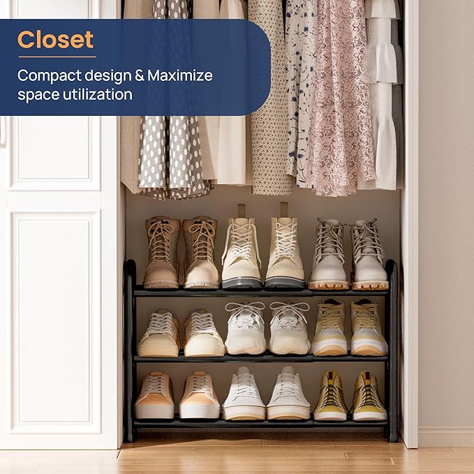 ENJOYBASICS Expandable Shoe Rack, 3 Tier Adjustable Shoe Organizer Shelf for Closet, Black Metal Free Standing Shoe Rack Storage for Small Space, Entryway