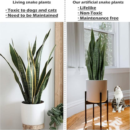 Worth Garden 3ft Artificial Snake Plant Fake Sansevieria Indoor Outdoor, 28 Thick Leaves Lifelike Faux Silk Plant, Home Decor Mother in Law Tongue Plant 35in, with Black pot & Dry Moss Included, Green
