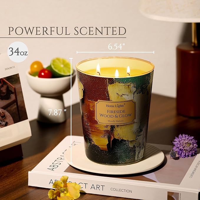 HomeLights Scented Candles | Large Jar 34 Oz Natural Soy Candle | 130 hrs Long-Lasting with 3 Wicks | Industrial Chic Home Decor | Gifts for Mom & Women, Fireside Wood & Glow