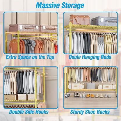Homdox Rolling Garment Rack with Adjustable Wire Storage Racks, Heavy Duty Portable Closet for Hanging Clothes, Freestanding Closet Wardrobe Metal Clothing Rack, Gold