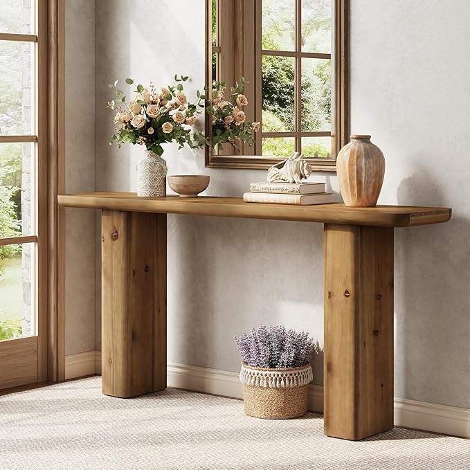 63-Inch Solid Wood Console Table, Wooden Sofa Table Behind Couch, Farmhouse Entryway Table, for Living Room, Foyer, Hallway, Entrance, Easy Assembly, Rustic Brown