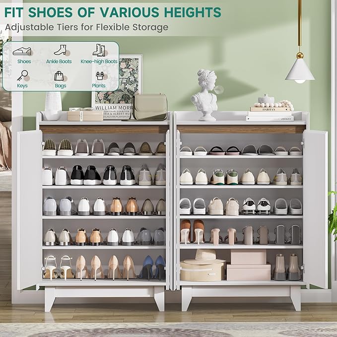 White Fluted Shoe Cabinet with Adjustable Shelves, Shoe Cabinet Storage for Entryway Hallway Living Room Bedroom, Shoe Rack Cabinet with 2 Doors 2PC, White & Walnut 43.7” H