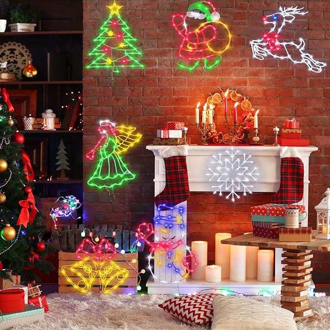 Christmas Decorations - 16" Christmas Window Silhouette Lights - 4 Pack Colour Lighted Santa & Snowman & Snowflake & Christmas Tree for Holiday Indoor and Outdoor Wall Door Window Decorate