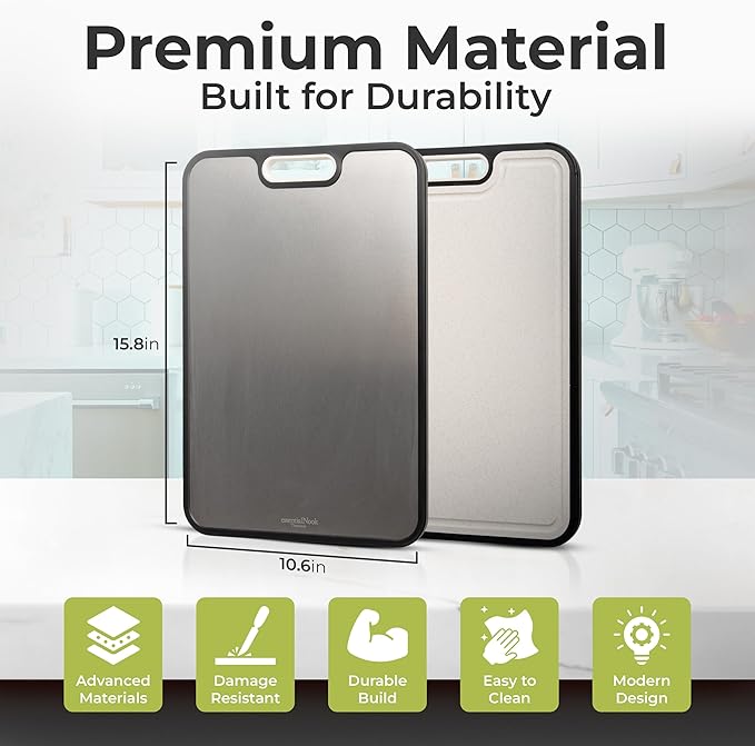 Titanium Cutting Board Double-Sided for Kitchen with Knife Sharpener – Large 16”×11” Food-Grade Chopping Board, Pure Titanium & Wheat Straw PP, Non-Porous, Odor-Resistant, Easy to Clean