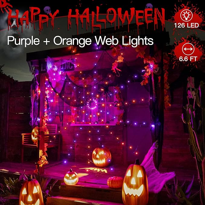 Ollny Spider Web Decoration 6.6FT 126 LED, Orange and Purple Halloween Lights with Black Spider Battery Powered 8 Modes Timer, Waterproof Cobweb String Light for Outdoor Indoor House Yard Party
