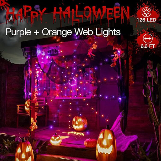 Ollny Spider Web Decoration 6.6FT 126 LED, Orange and Purple Halloween Lights with Black Spider Battery Powered 8 Modes Timer, Waterproof Cobweb String Light for Outdoor Indoor House Yard Party