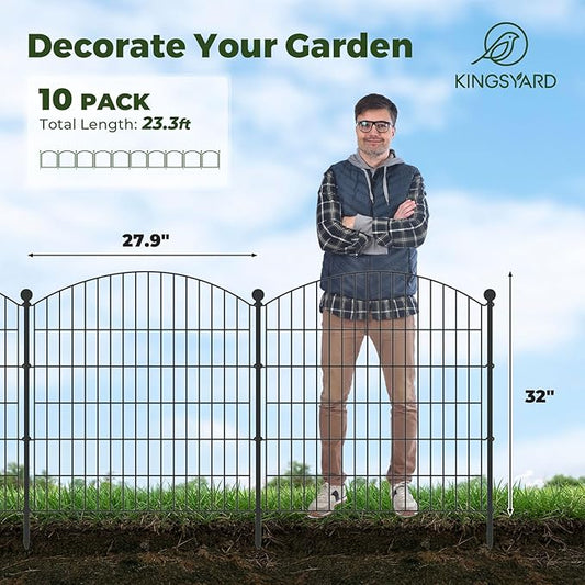 Kingsyard 23.3ft(L) x32in(H) Garden Fences with Gate, 10 Panels No Dig Decorative Outdoor Garden Fence Animal Barrier, Rustproof Garden Fencing and Borders for Dog, Rabbits, Temporary Fencing Stakes