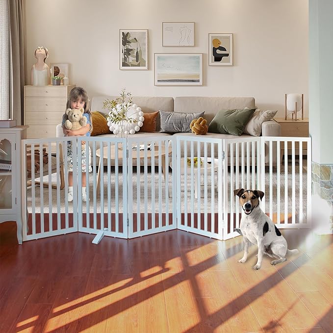 Dog Gate Indoor, Freestanding Dog Fence for The House, Doorways, Hallways,or Stairs,Pet Gate Foldable Wooden,Expandable 32" Height 6 Panels,White