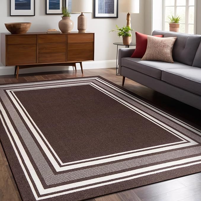 Modern Bordered Non Slip Indoor Runner Rugs for Living Room 2x3 Area Rugs for Kitchen, Rug for Bedroom, and Hallway, Stain Resistant Easy Cleaning Non Shedding Brown 2 x 3