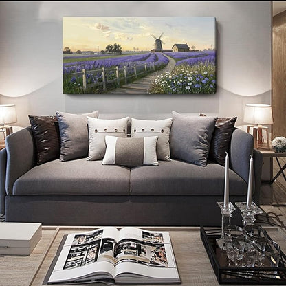 amatop Large Canvas Wall Art for Living Room Rustic Farmhouse Lavender Picture Print Countryside Landscape Windmill Daisy Flowers Purple Floral Artwork Bedroom Office Horizontal Nature Decor 48x24 In