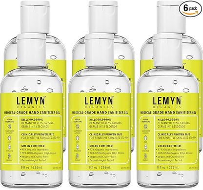 Medical Grade Hand Sanitizer Gel - 97% ORGANIC - 8 FL.OZ. Flip-Top (PACK OF 6)