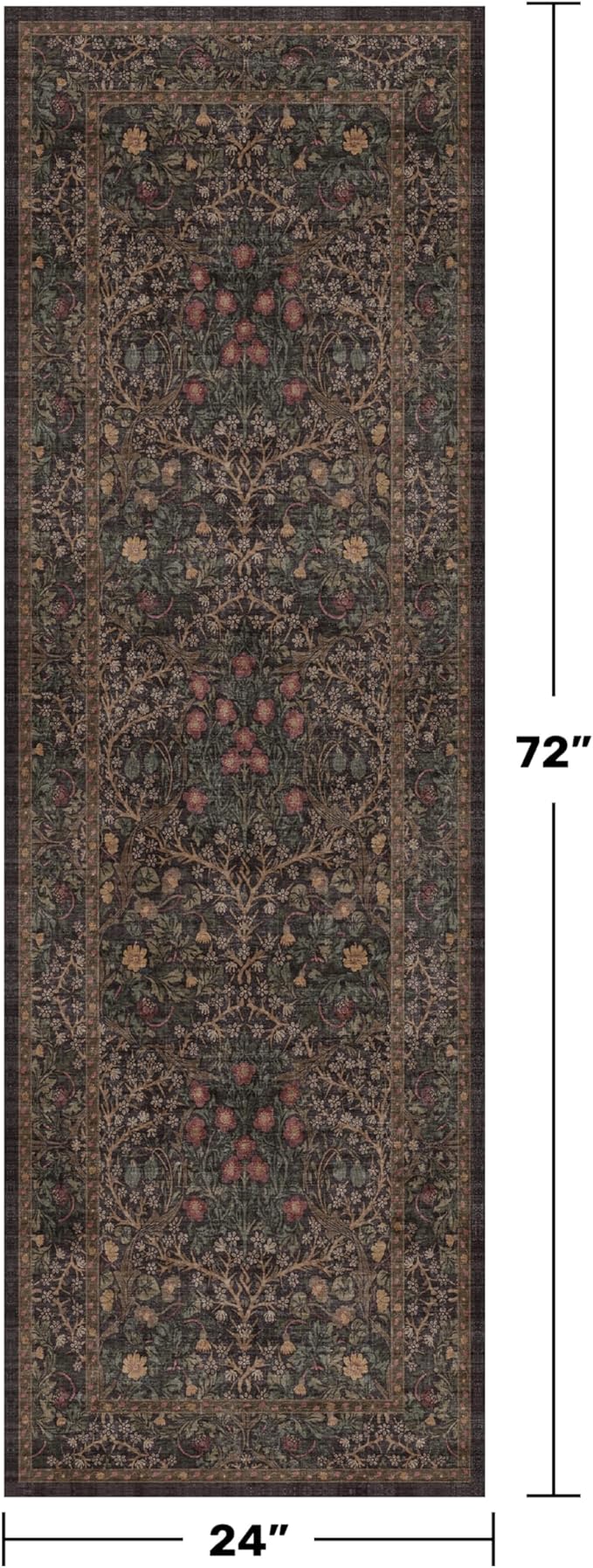 Brown Boho Washable 2x6 Runner Rugs for Hallway, Kitchen, Bedroom Bedside, Laundry Room, Bathroom Rug, Pet & Kids Friendly, Non Slip Low Pile Stain Resistant Soft Long Floral 24 x 72 Floor Carpet