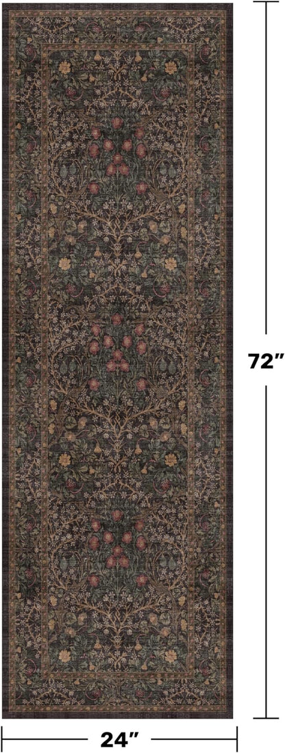 Brown Boho Washable 2x6 Runner Rugs for Hallway, Kitchen, Bedroom Bedside, Laundry Room, Bathroom Rug, Pet & Kids Friendly, Non Slip Low Pile Stain Resistant Soft Long Floral 24 x 72 Floor Carpet