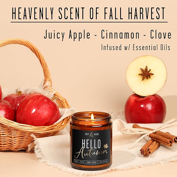 Fall Candles - ‘Hello Autumn’ Soy Fall Candle w/Apple, Cinnamon & Nutmeg I Infused with Essential Oils I Autumn Scented Candles I Cozy Décor Gifts I 9oz Jar I 50Hr Burn I Made in USA