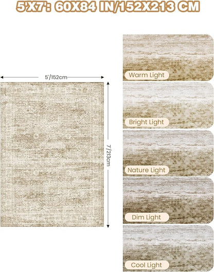 5x7 Area Rugs, Ultra-Thin Washable Rugs for Living Room, Anti-Slip Backing Area Rug for Bedroom, Soft Abstract Vintage Home Decor Rug for Dining Room(5'x7', Brown/Ivory)
