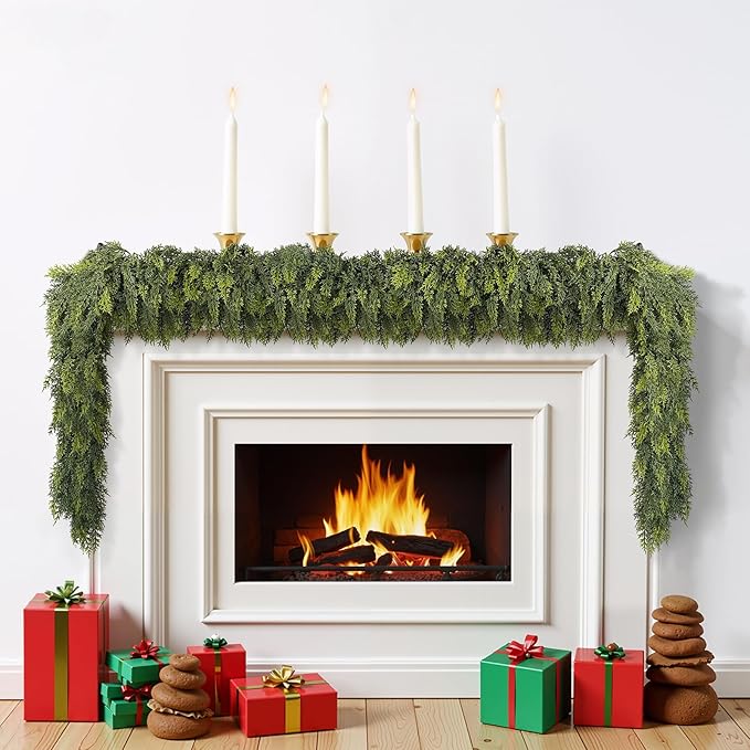 9 ft Christmas Garland, Cedar Garland, Real Touch Cypress Garlands, Green Artificial Greenery Garland for Mantel Indoor Outdoor Christmas Decorations