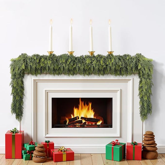 9 ft Christmas Garland, Cedar Garland, Real Touch Cypress Garlands, Green Artificial Greenery Garland for Mantel Indoor Outdoor Christmas Decorations