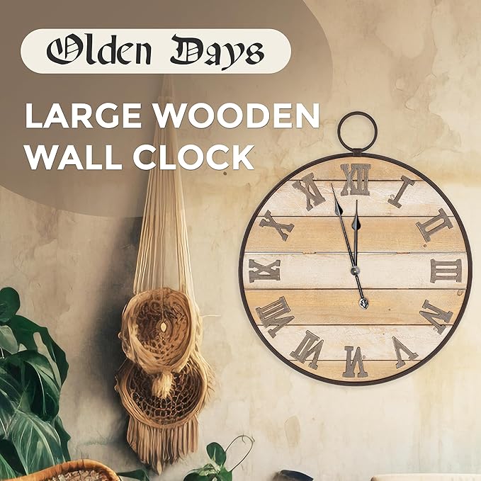 Large Wooden Wall Clock - Antique, Vintage, Rustic, Country Farmhouse Style - Real Wood - Iron Roman Numeral Design - Built-in Wall Hanging Ring - 23.5" x 28"