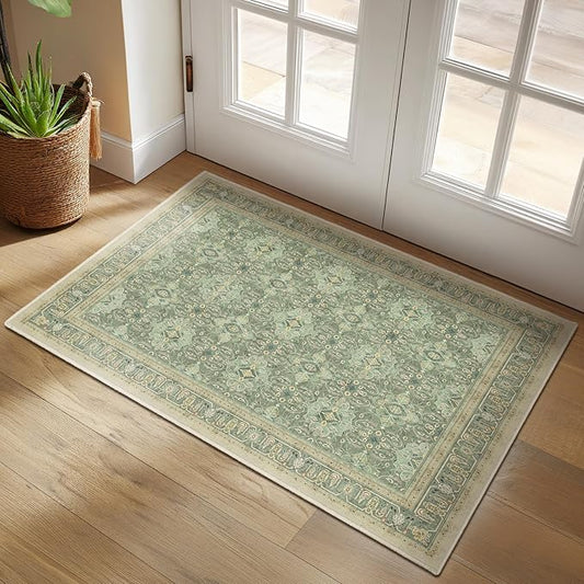 Jainmy Sage Green Small 2x3 Rug, Boho Floral Moroccan Printed Door Rugs for Entryway Indoor, Washable Non Slip Low Pile Thin Soft Door Mat Indoor Entrance for Kitchen Bathroom Laundry Room Bedside