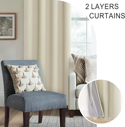 XWZO 100% Blackout Curtains 63 Inches Long with Tiebacks- Privacy Protection & Noise Blocking Window Draperies Grommet Top with Black Liner for Bedroom/Living Room, Beige, W52 x L63, Set of 2