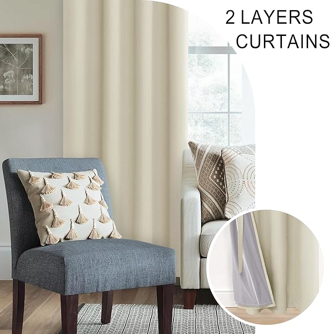 XWZO Total Blackout Curtains 72 Inches Long - Double Layer Full Light Blocking & Energy Efficiency Grommet Window Panels with Tiebacks for Bedroom/Living Room, Beige, W52 x L72, Set of 2