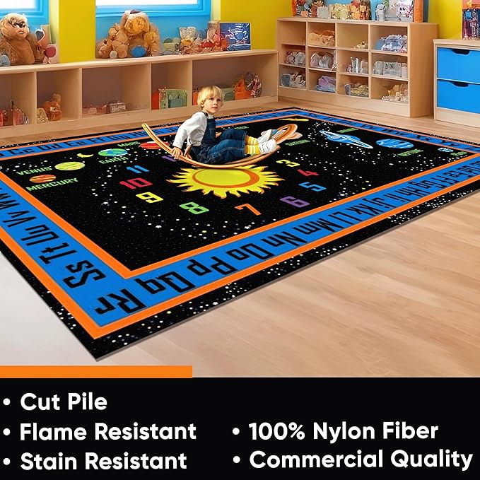 Outer Space Nylon Area Rug, 6' x 8'6", Multicolored, Educational Classroom Rug, Kids Learning Play Mat | Area Rug for Bedroom or Playroom