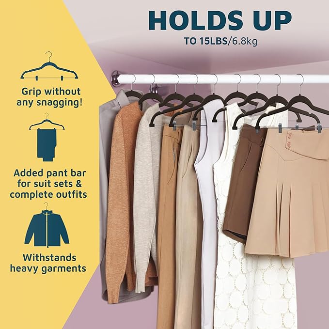Velvet Skirt Hangers – with Adjustable Clips, 360 Degree Swivel Hook, and Non-Slip Shoulder Notch, Holds Up to 10 lbs, for Organizing Skirt, Pants, Dress, and Clothes, Pack of 10, Brown