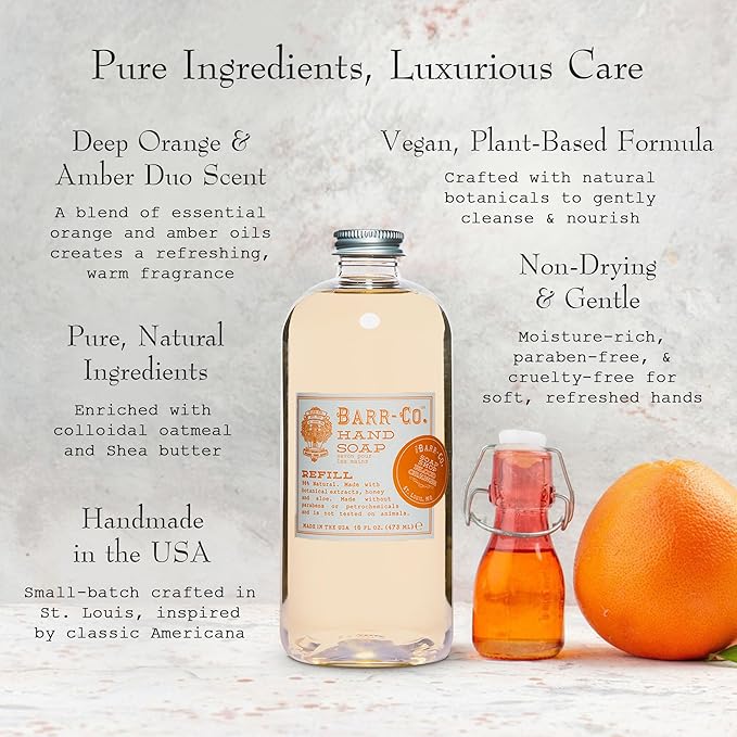 BARR-CO. Hand Soap Refill – Natural Liquid Soap with Essential Oils, Vegan Formula, Blood Orange Amber 16fl oz