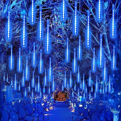 Solar Meteor Shower Lights Outdoor Waterproof, Christmas Lights Solar Powered Decorations, 16 Tubes 384LED Icicle String Light, Falling Raindrop Light for Christmas Xmas Tree Party Garden Decor(Blue)
