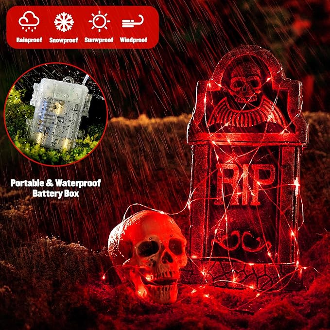 JMEXSUSS 2 Pack Red Fairy Lights Battery Operated, Total 200 LED 66ft Red String Lights Battery Powered with Remote, 8 Modes Halloween Lights for Tree Indoor Outdoor Wreath Bedroom Halloween Decor