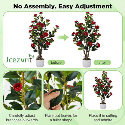 2 Pack Artificial Camellia Tree with White Pot, 38" Faux Potted Plants for Indoor Outdoor Decor, Tall Silk Greenery Plant for Home Office Living Room Balcony, Red