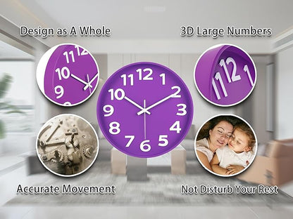45MinST 12-Inch Modern Indoor Outdoor Wall Clock, Silent Non-Ticking, Large Numbers, Accurate Timekeeping, Perfect Decorative Accent for Home or Office (Purple)