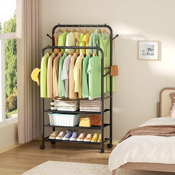 Clothing Racks for Hanging Clothes, Portable Clothing Rack with Wheels Rolling Clothes Racks, Black Garment Racks-3-Tier