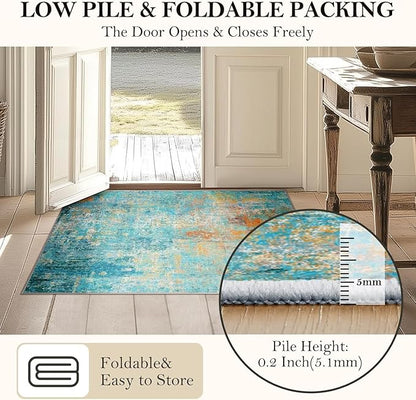 Washable Area Rugs 3'x5' Non-Slip Modern Abstract Soft for Living Room Entryway Bedroom Nursery, Print Pattern, Teal Blue Green Orange Rust Red Coloreful