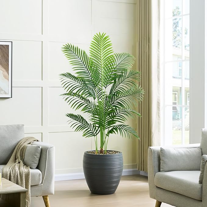 2 Pack Artificial Palm Tree 5FT Artificial Plants Indoor Tropical Fake Palm Tree Areca Floor Plant in Black Pot with 13 Trunks & Real Bark Design, Faux Palm Plant for Outdoor Patio Home Office Decor