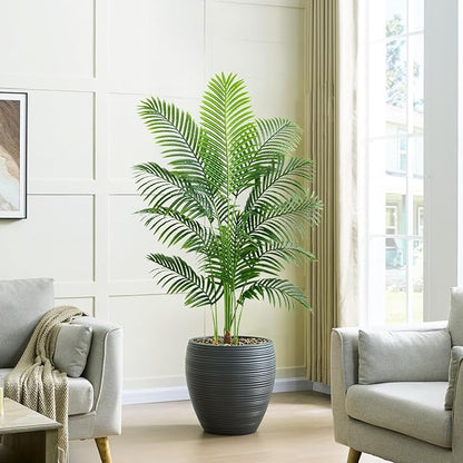 2 Pack Artificial Palm Tree 5FT Artificial Plants Indoor Tropical Fake Palm Tree Areca Floor Plant in Black Pot with 13 Trunks & Real Bark Design, Faux Palm Plant for Outdoor Patio Home Office Decor
