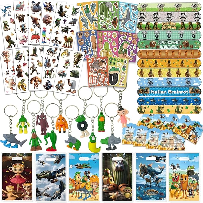 126 PCS Italian Brainrot Party Favors Set – Temporary Tattoos, Slap Bracelets, Invitation Cards, Keychains, Gift Bags & Make a Face Stickers for Italian Brainrot Party Gift Giveaways, Holiday Rewards