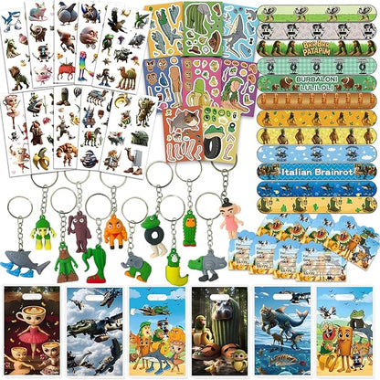 126 PCS Italian Brainrot Party Favors Set – Temporary Tattoos, Slap Bracelets, Invitation Cards, Keychains, Gift Bags & Make a Face Stickers for Italian Brainrot Party Gift Giveaways, Holiday Rewards